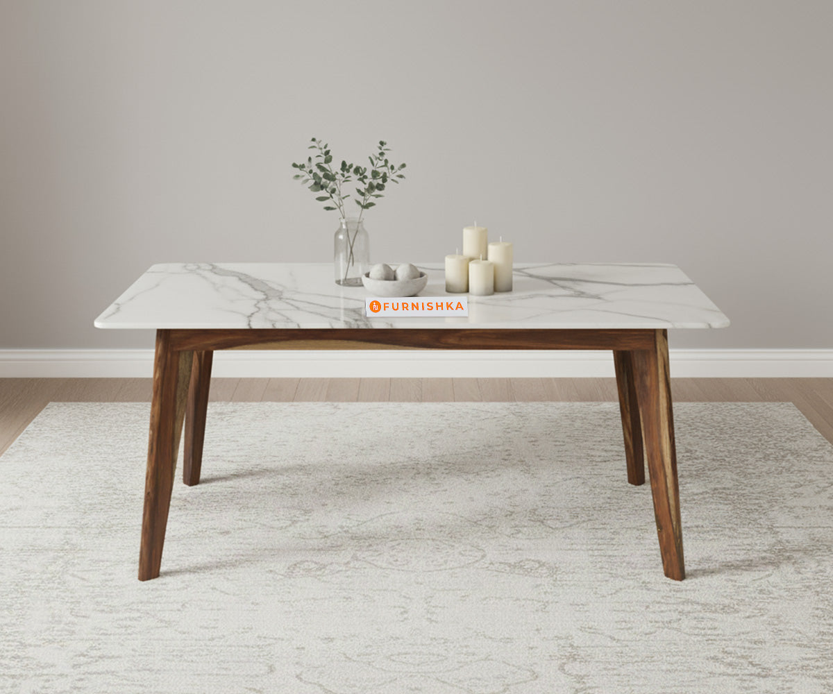 Vedh(Agar) Dining Table with White Engineered Marble Top - 4 Seater - Furnishka 