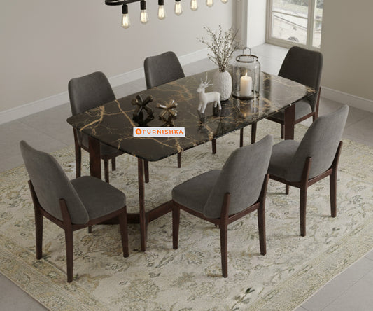 Vetra 6 Seater  Dining Sets Compact with Black Engineered Marble Top - Furnishka