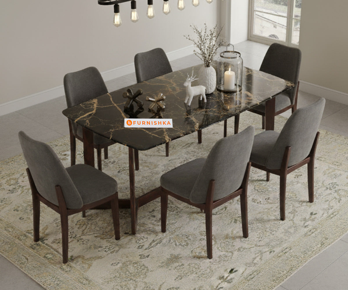 Vetra 6 Seater  Dining Sets Compact with Black Engineered Marble Top - Furnishka 