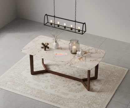 Vetra Compact Dining Table with Rosalia Gold Engineered Marble Sandwich Top - 6 Seater - Furnishka 