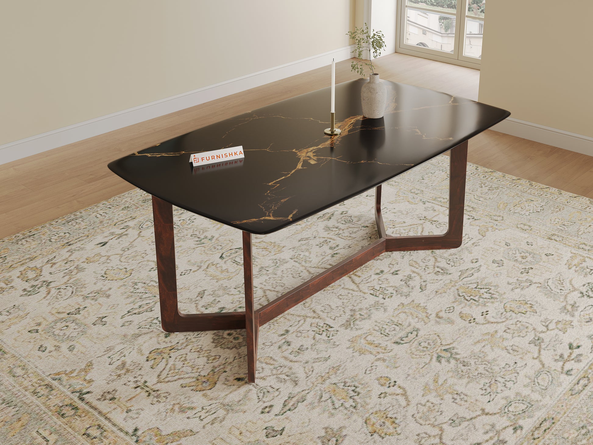 Vetra Dining Table with Black Engineered Marble Top - 6 Seater - Furnishka 