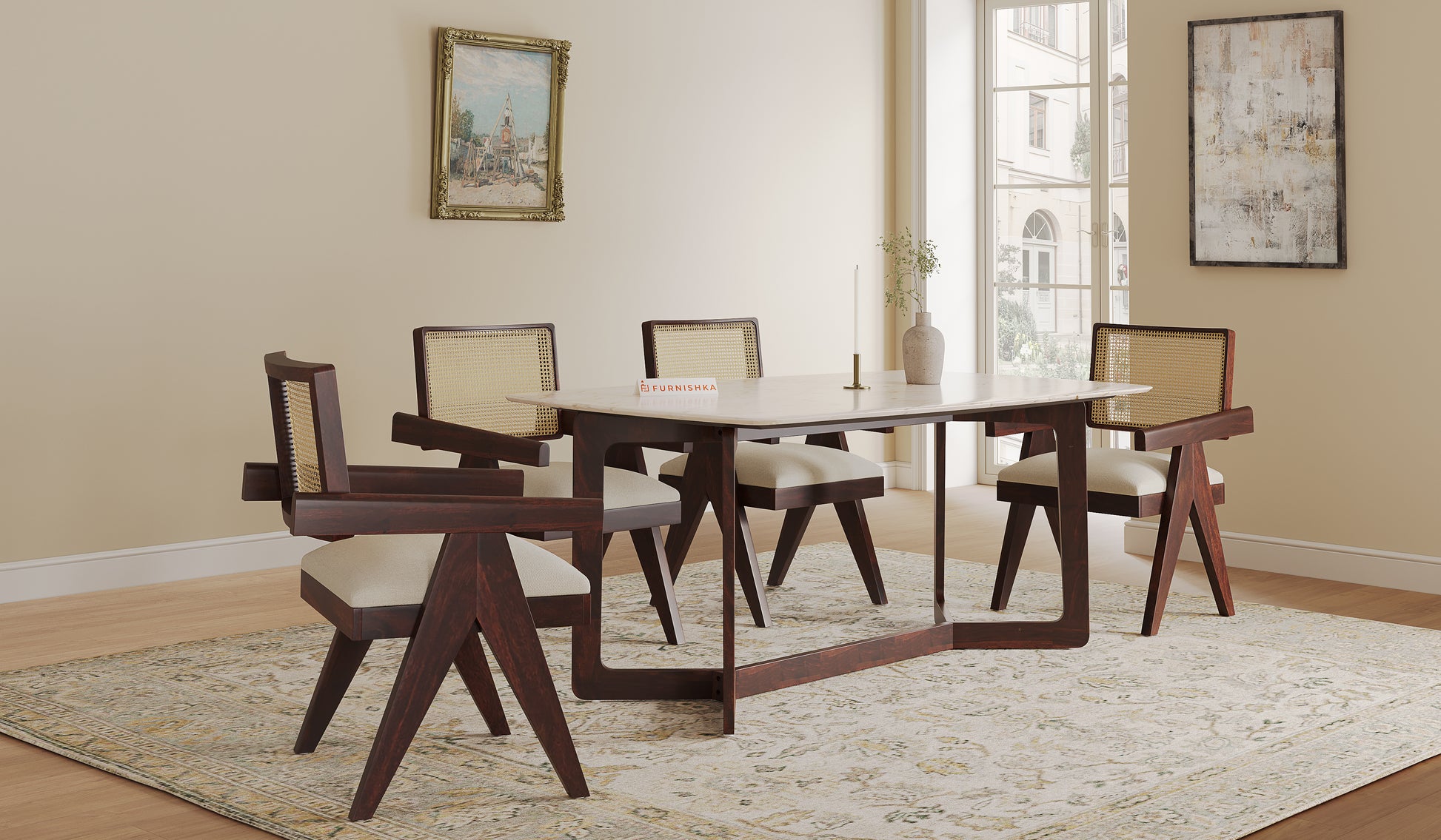 Vetra Dining Table with Rosalia Gold Engineered Marble Sandwich Top - 6 Seater - Furnishka 