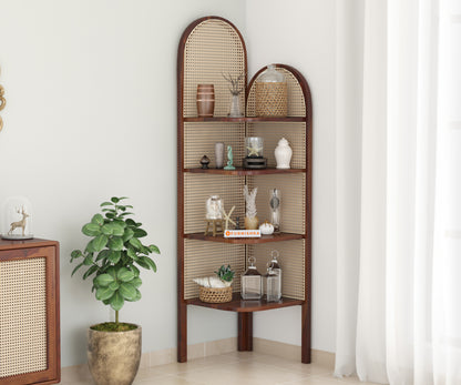 Willa Sheesham Wood and Cane 4 Tier Corner Book Shelf - Furnishka 