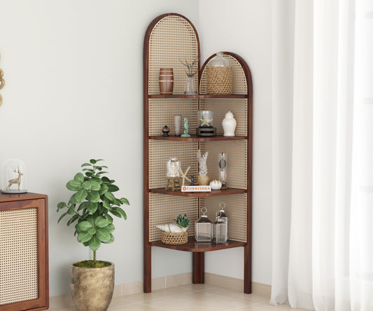 Willa Sheesham Wood and Cane 4 Tier Corner Book Shelf - Furnishka 