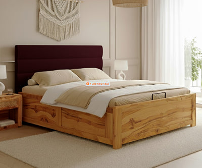Niva Real Teak Wood Hydraulic Bed King Size Red Wine