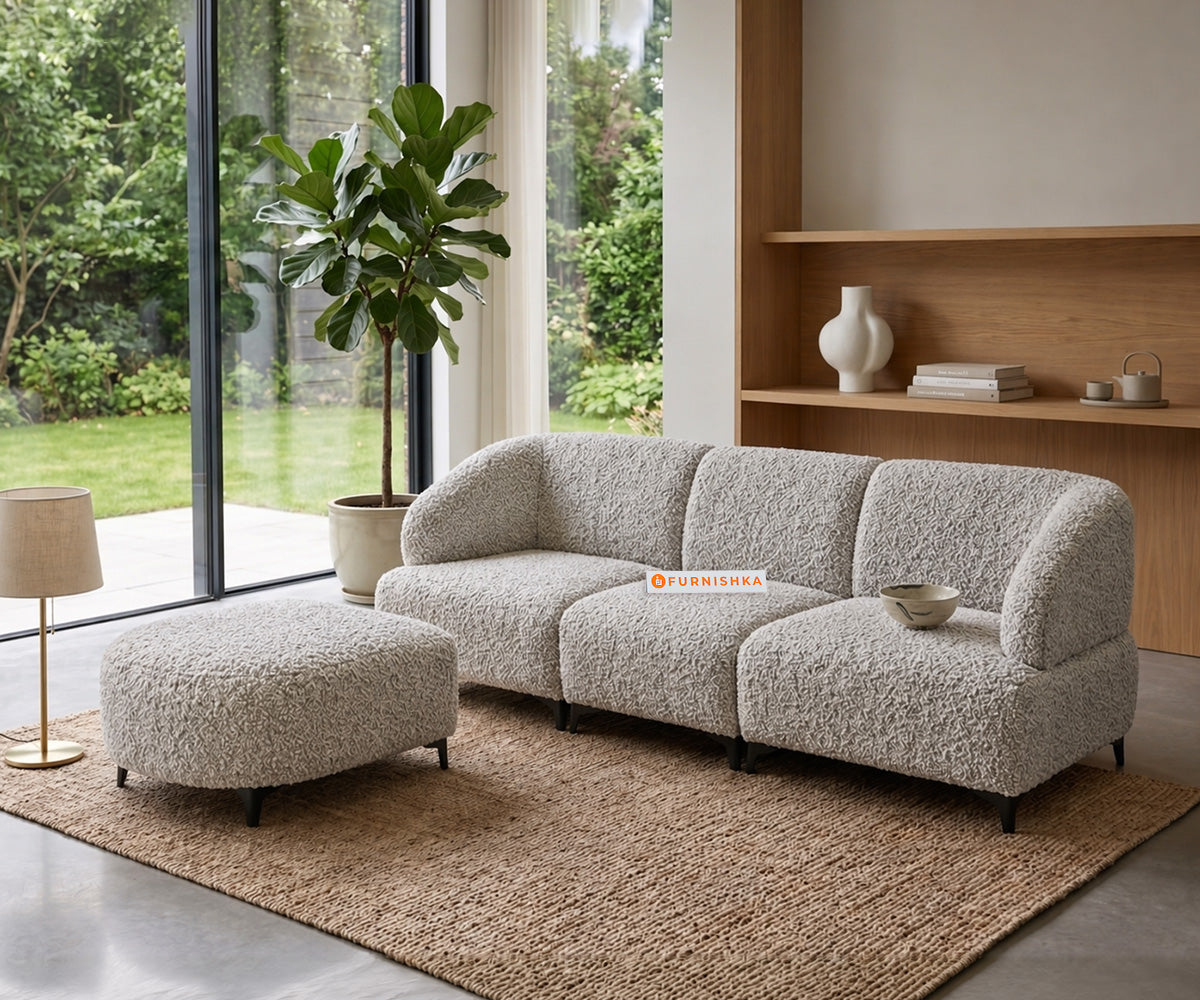Zen 3 Seater Fabric Sofa With A Ottoman With Boucle Light  Beige - Furnishka