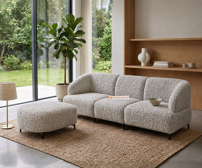 Zen 3 Seater Fabric Sofa With A Ottoman With Boucle Light  Beige