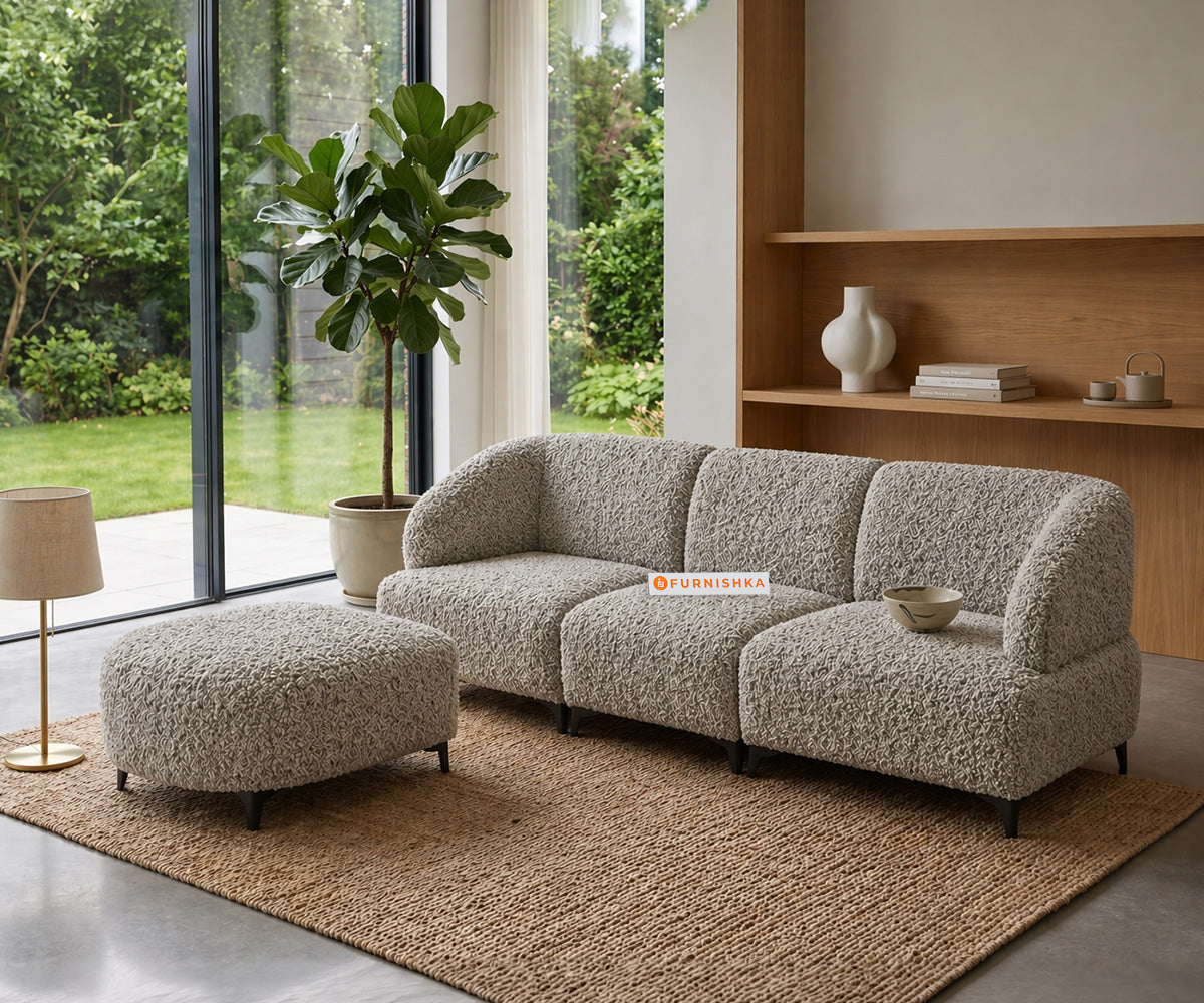 Zen 3 Seater Fabric Sofa With A Ottoman With Boucle Taupe Grey - Furnishka