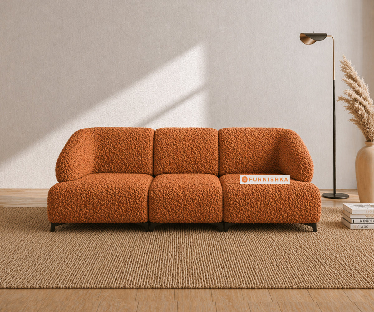 Zen 3 Seater Fabric Sofa With Boucle Terra Orange - Furnishka