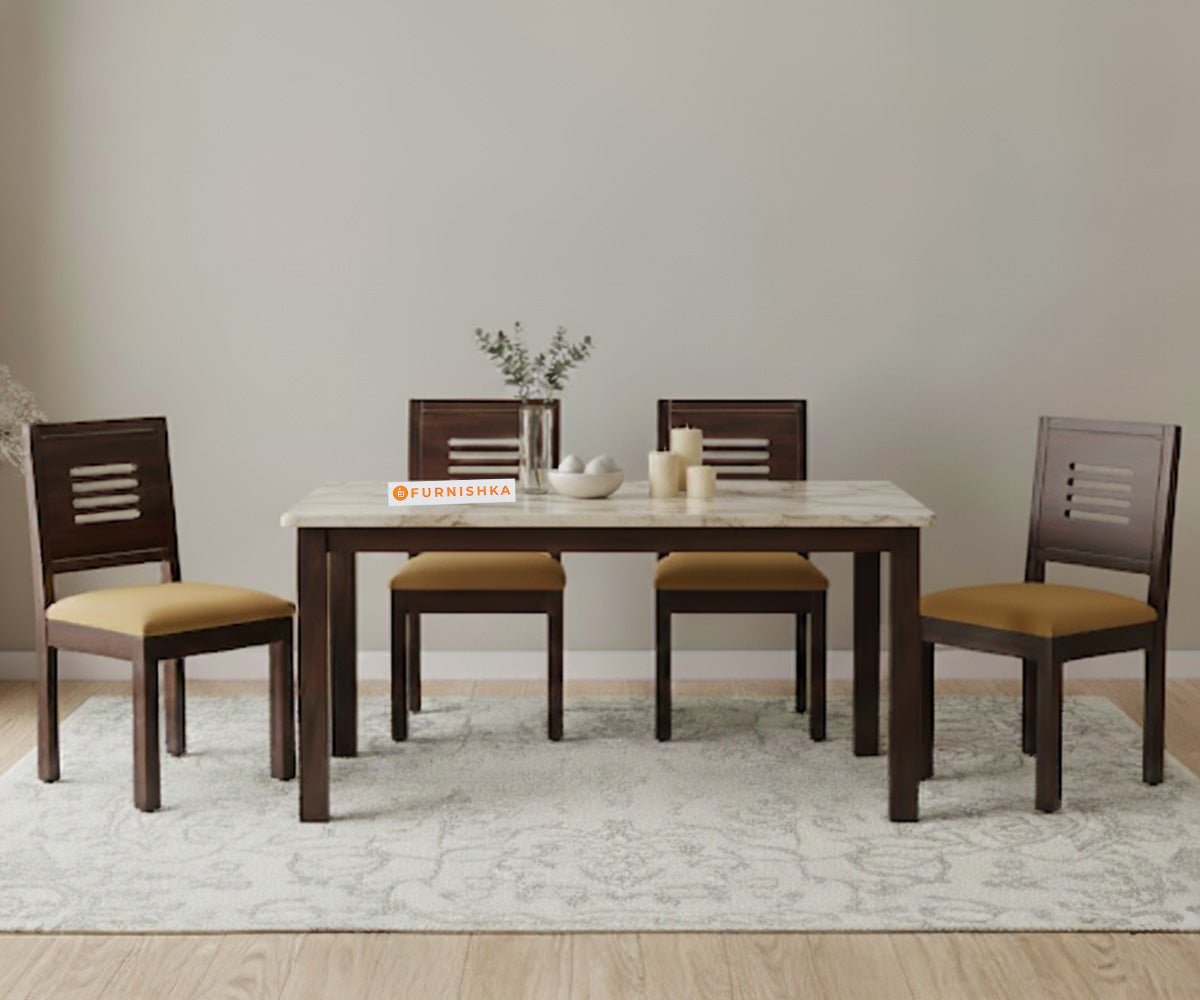Zhera 4 Seater Dining Sets with Rosalia Gold Engineered Marble Top - Furnishka
