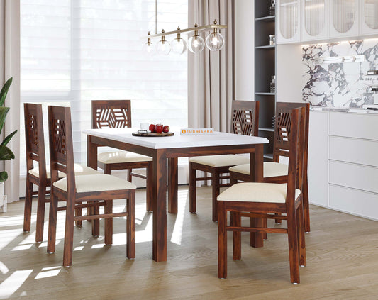 Zhera 6 Seater Indian Marble Top Dining Set with Sheesham wood legs with Adiva Sheesham Dining Chair - Furnishka