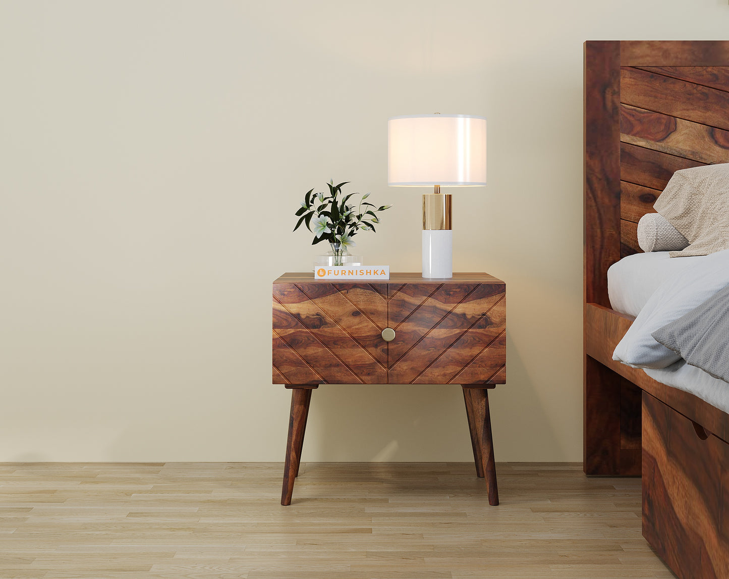 Zoji Single Drawer Bedside Table In Sheesham - Chevora Facia - Furnishka 