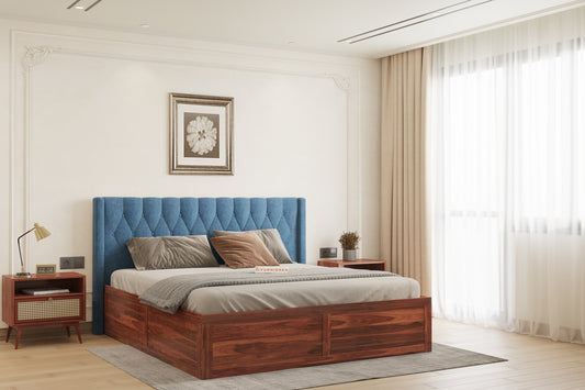 Samawi Sheesham Wood bed with Upholstered headboard Box Storage Queen Size