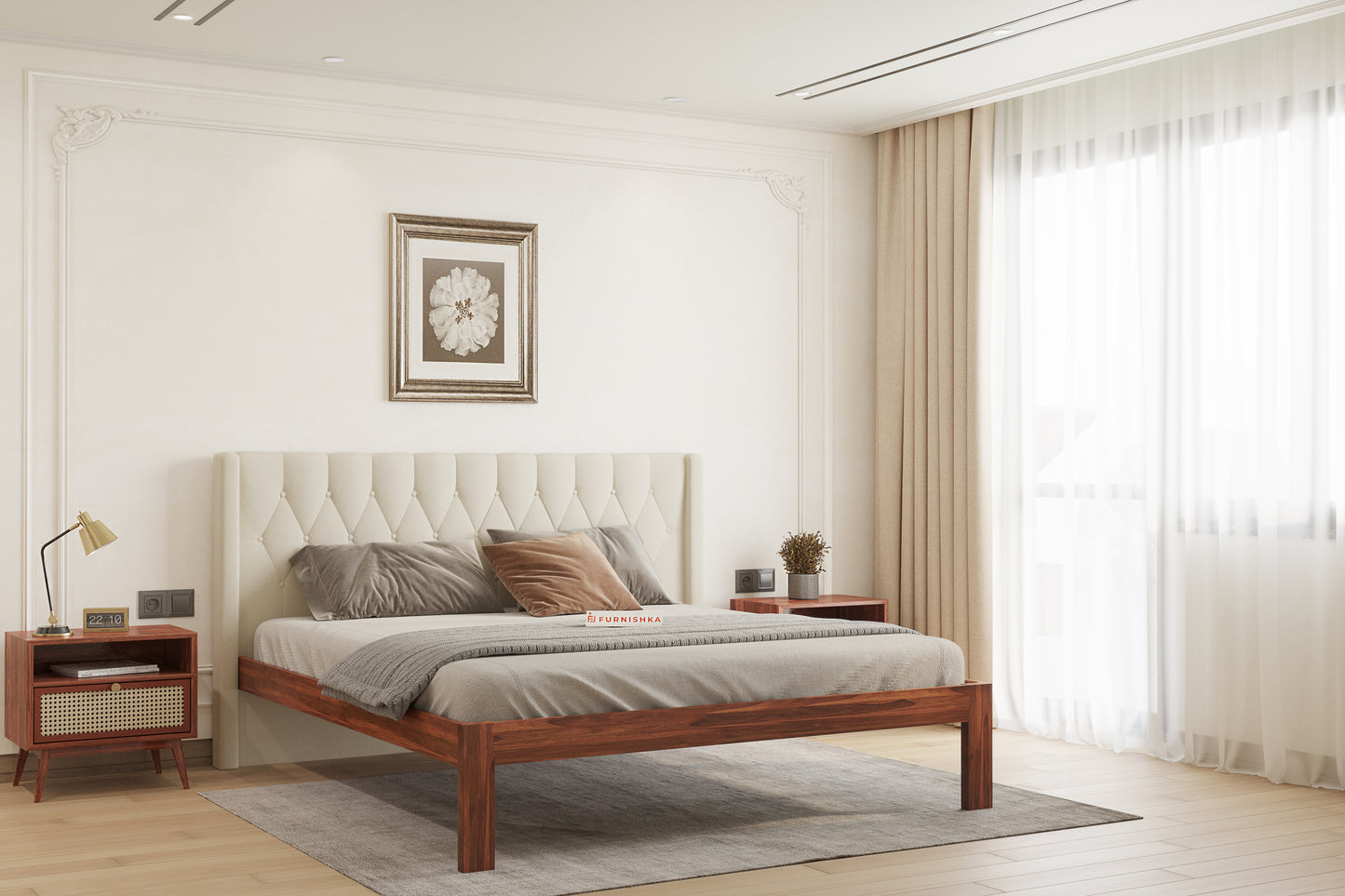 Samawi Sheesham Wood bed with Upholstered headboard Non Storage Queen Size