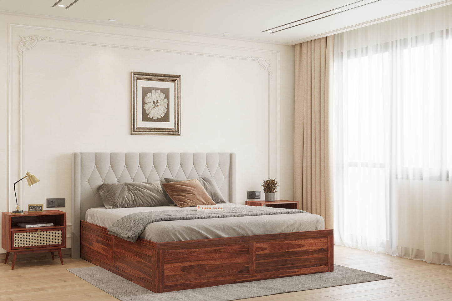 Samawi Sheesham Wood bed with Upholstered headboard Box Storage King Size