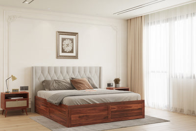 Samawi Sheesham Wood bed with Upholstered headboard Box Storage Queen Size