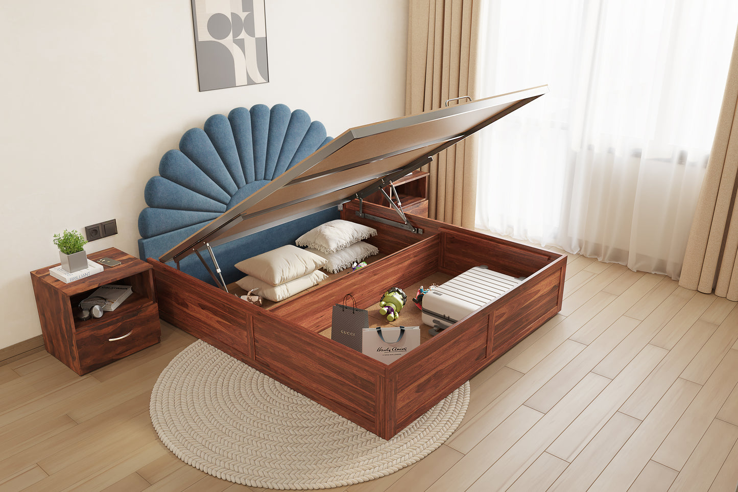 Satin Sheesham Wood bed with Upholstered headboard Hydraulic Storage Queen Size