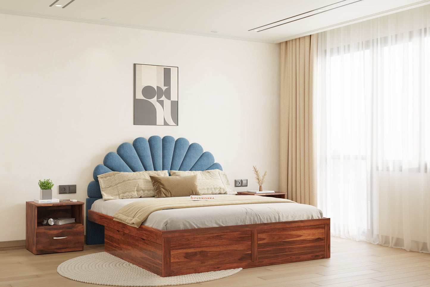 Satin Sheesham Wood bed with Upholstered headboard Drawer Storge King Size