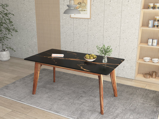 Vedh(Agar) Dining Table with Black Engineered Marble Top - 6 Seater