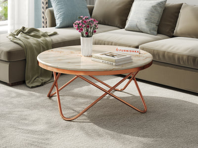Clos Coffee Table with ROSALIA GOLD Marble Top in Rose Gold Finish