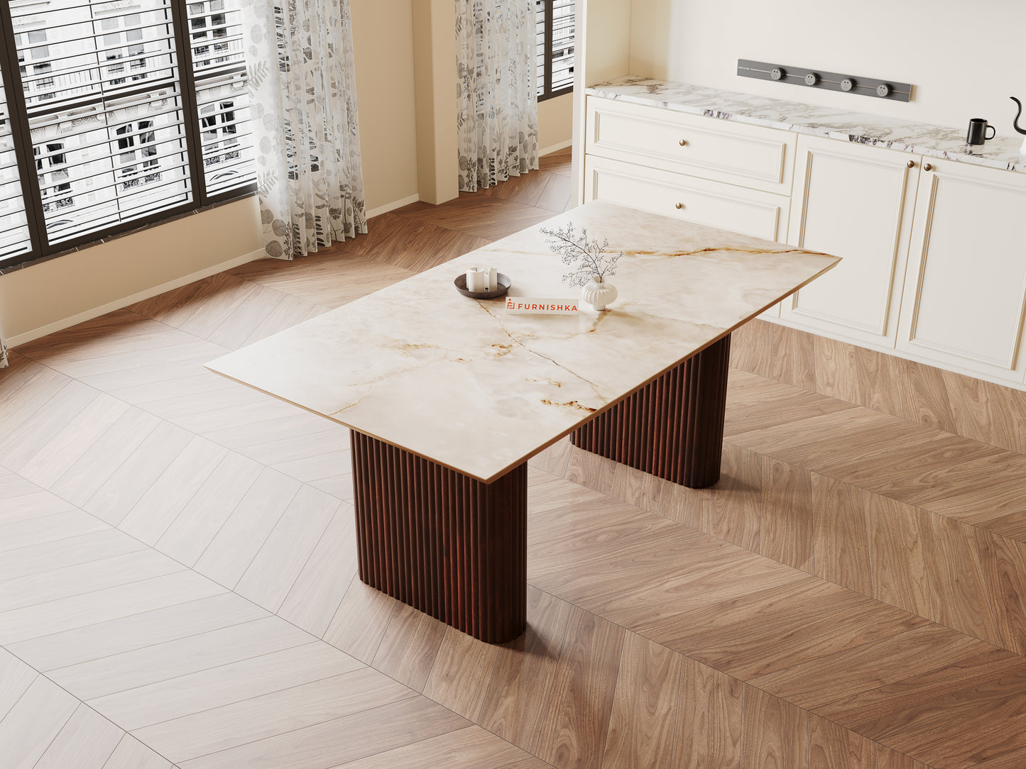 Swaarno Dining Table with Australian Onyx sandwich Engineering Marble Top 4 Seater in  Dark Walnut Finish