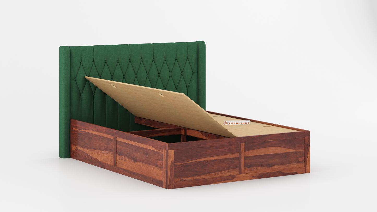 Samawi Sheesham Wood bed with Upholstered headboard Box Storage King Size