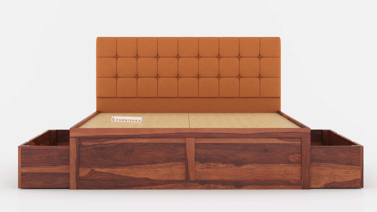 Irene Sheesham Wood bed with Upholstered headboard Drawer Storge King Size