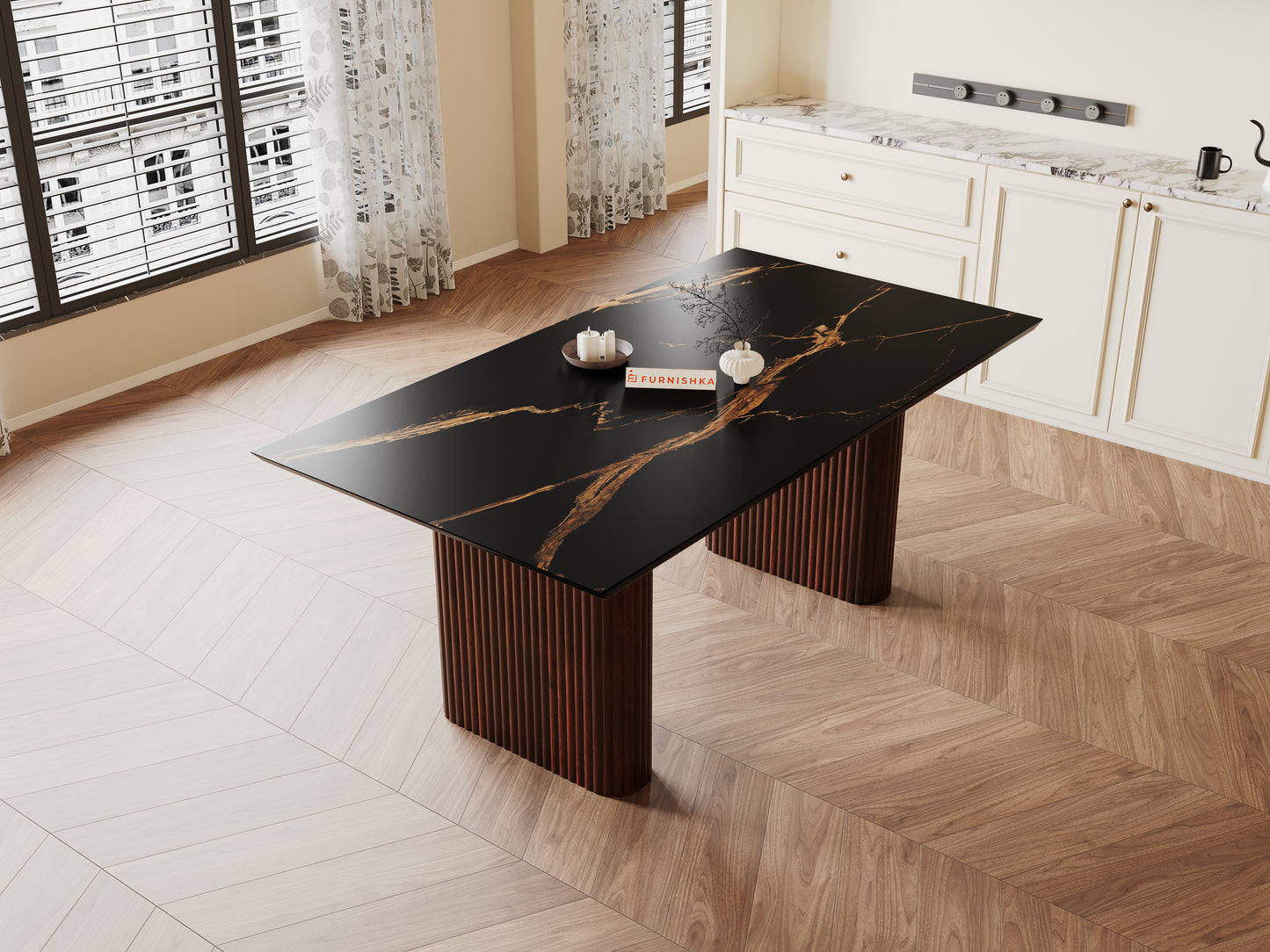 Swaarno Dining Table with  Black Engineered Marble Top 6 Seater in  Dark Walnut Finish