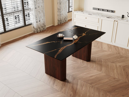 Swaarno Dining Table with  Black Engineered Marble Top 6 Seater in  Dark Walnut Finish