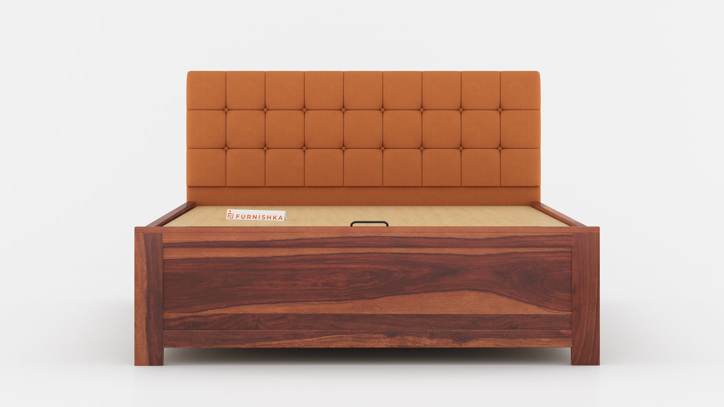 Irene Sheesham Wood bed with Upholstered headboard Hydraulic Storage Queen Size