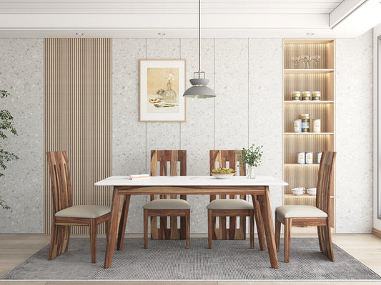 Vedh(Agar) Compact Dining Table with White Engineered Marble Top - 6 Seater