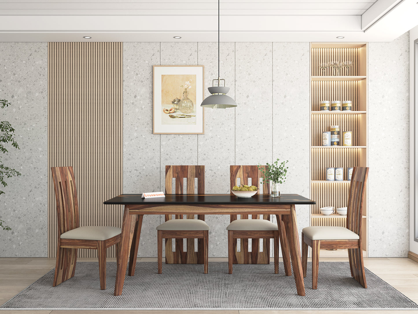 Vedh(Agar) Compact Dining Table with Black Engineered Marble Top - 6 Seater