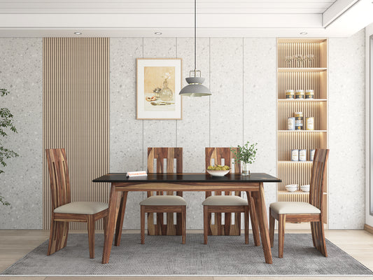 Vedh(Agar) Compact Dining Table with Black Engineered Marble Top - 6 Seater