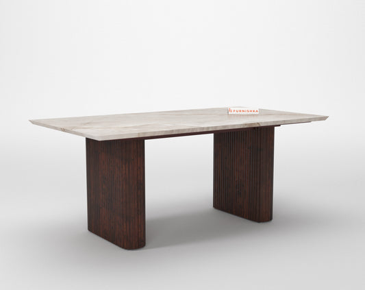 Swaarno Dining Table with White Engineered Marble Top 6 Seater in  Dark Walnut Finish