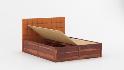 Irene Sheesham Wood bed with Upholstered headboard Box Storage King Size