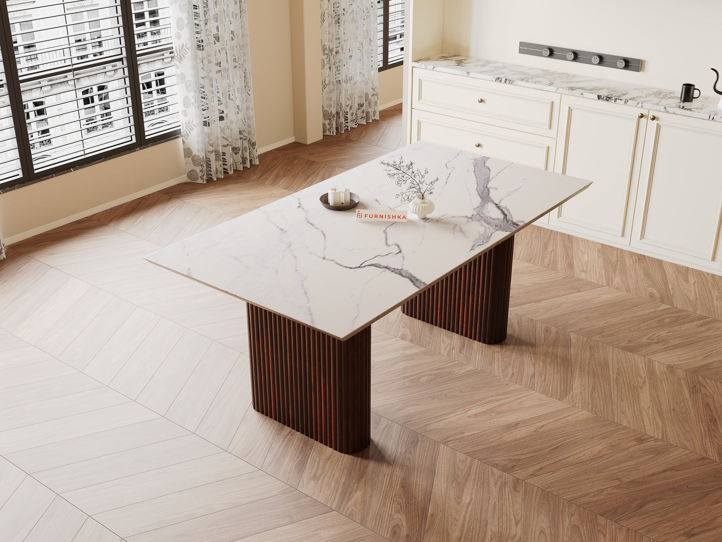 Swaarno Dining Table with White Engineered Marble Top 4 Seater in  Dark Walnut Finish