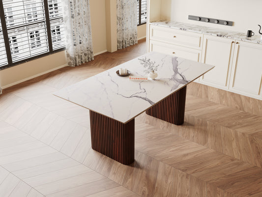 Swaarno Dining Table with White Engineered Marble Top 4 Seater in  Dark Walnut Finish