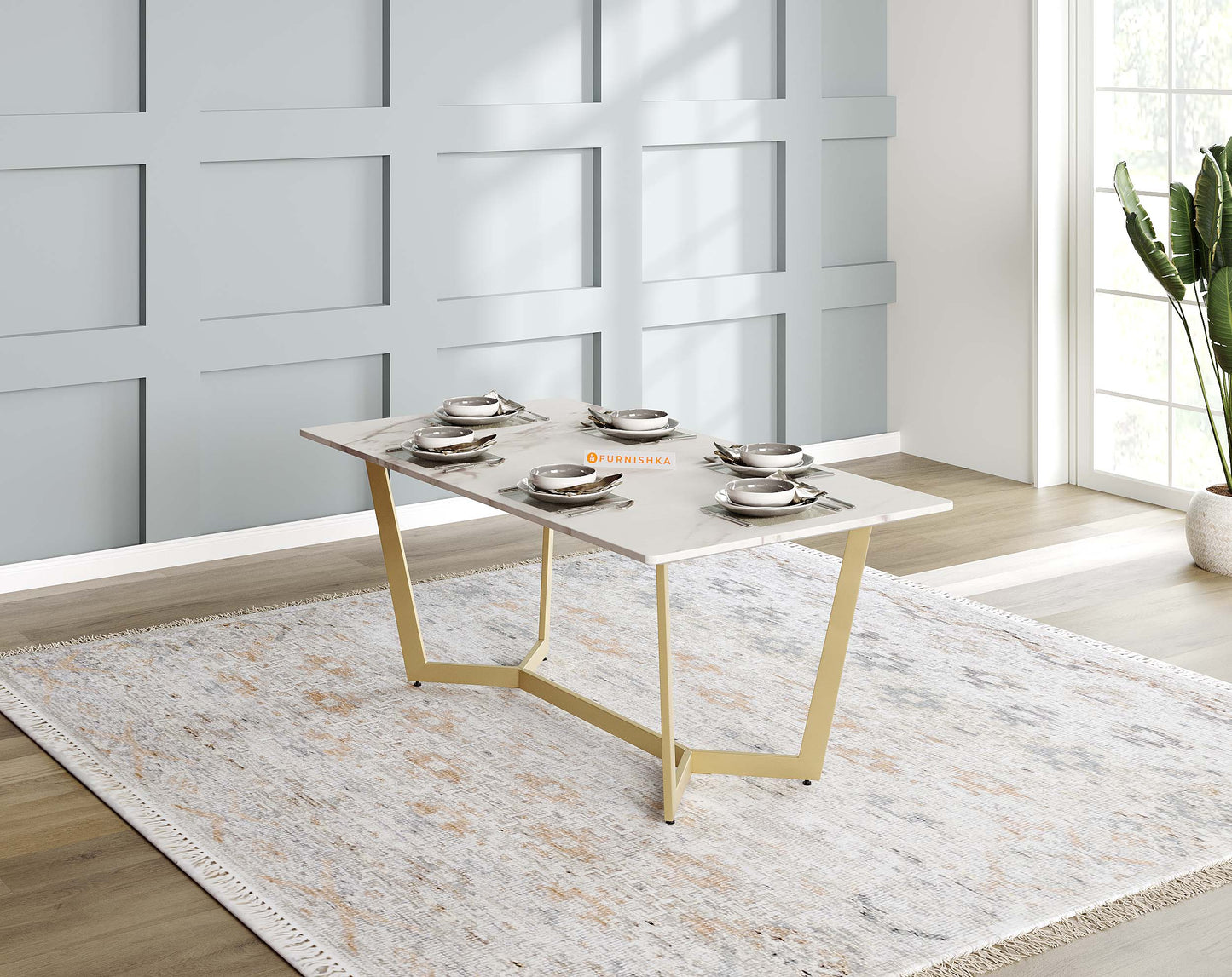 Aanvo Dining Table with White Engineering Marble Sandwich Top 6 Seater in Gold Finish