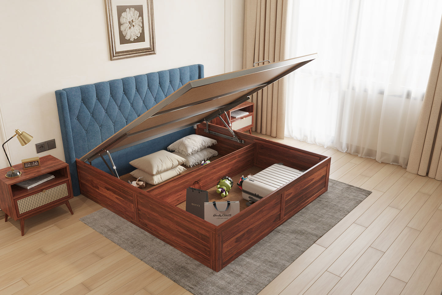 Samawi Sheesham Wood bed with Upholstered headboard Hydraulic Storage King Size