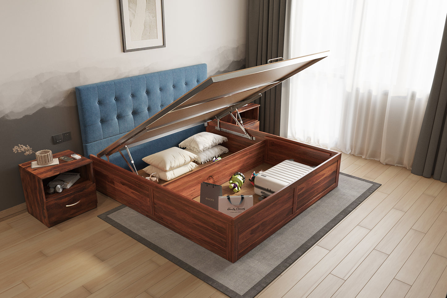 Irene Sheesham Wood bed with Upholstered headboard Hydraulic Storage King Size