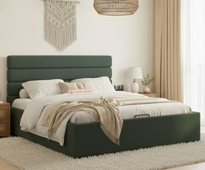 Rumi Fabric bed with Upholstered headboard Hydraulic Storage Queen Size - Pine Green