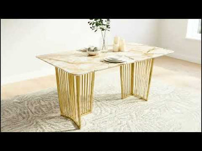 Barolo Dining Table with ROSALIA GOLD sandwich Engineering Marble Top - 4 Seater in Gold Finish