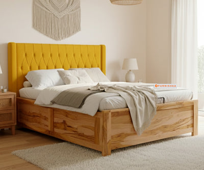 Samawi Real Teak Wood Hydraulic Bed Queen Size Mustard Yellow