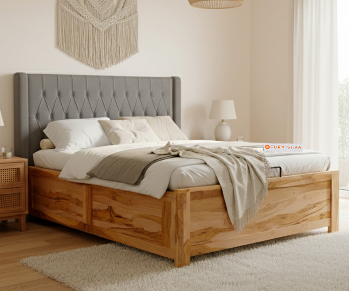 Samawi Real Teak Wood Hydraulic Bed Queen Size Space Grey