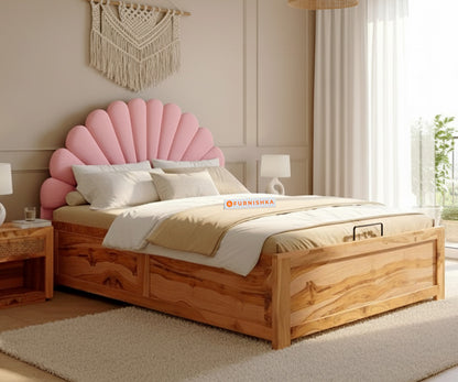 Satin Real Teak wood Hydraulic Bed Queen Size - Flamingo Pink