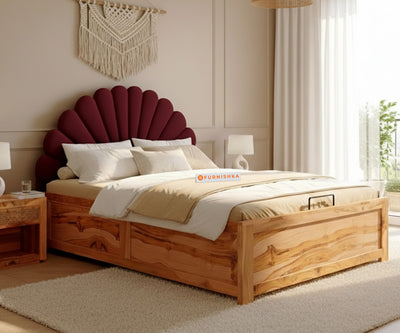 Satin Real Teak wood Hydraulic Bed Queen Size - Red Wine